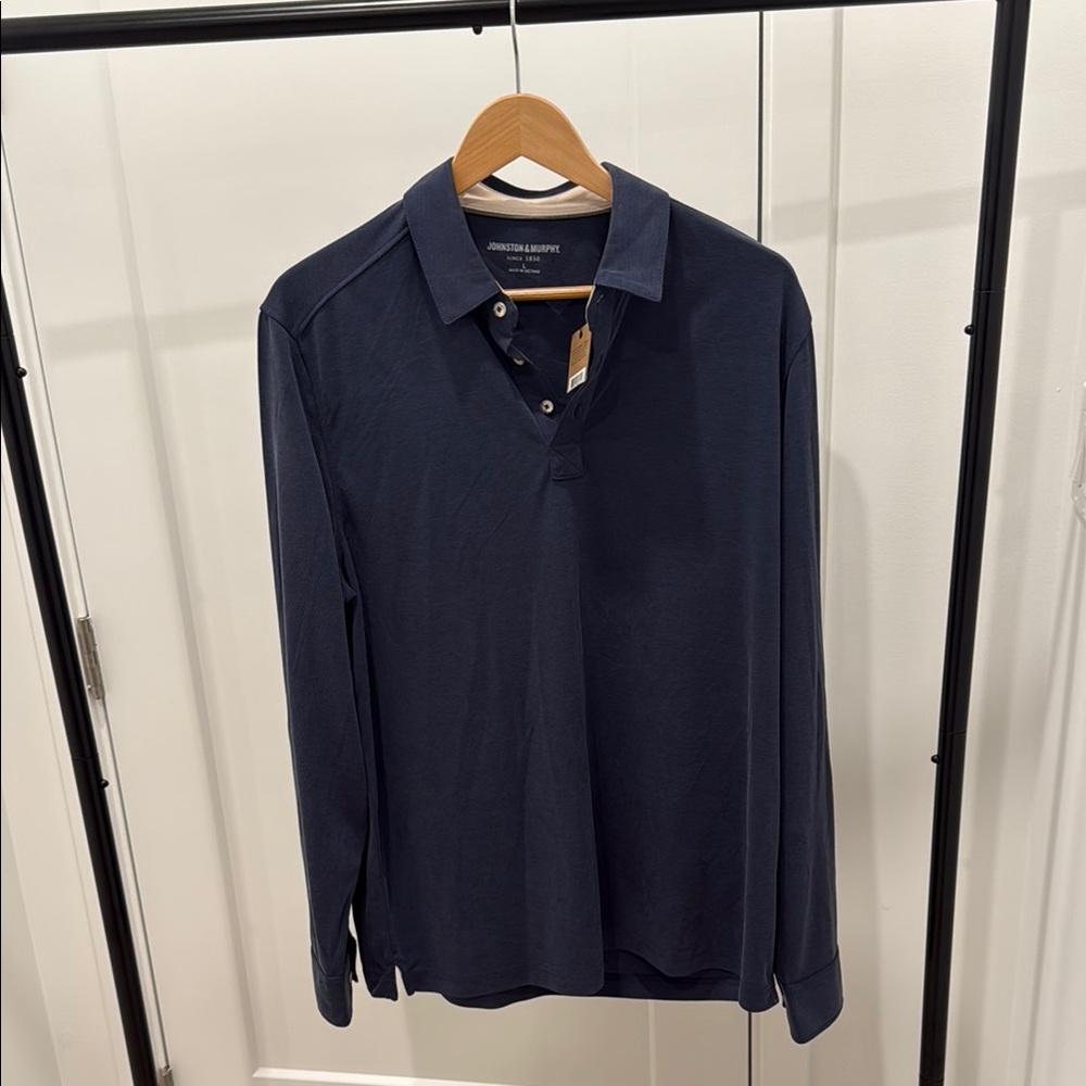 Johnston & Murphy Blue Polo Shirt Classic Knit Design Long Sleeve Navy Large